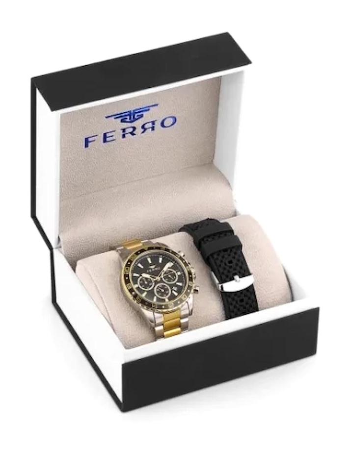 Ferro TH-FM31927DA-D2 Takvimli 44 mm Altın-Çelik - Silikon Kordon Analog Erkek Kol Saati