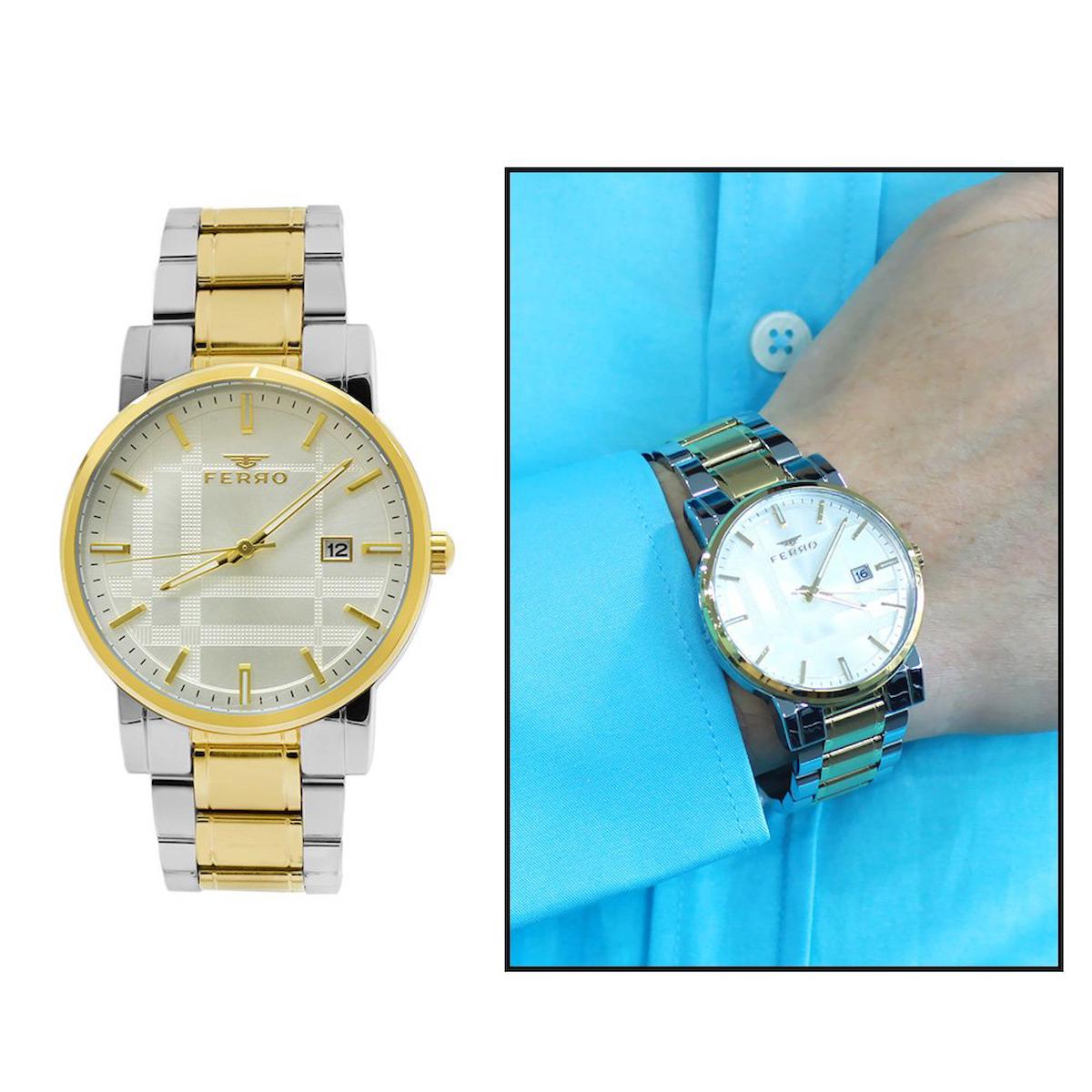 Ferro TH-F11183A-D Takvimli 44 mm Altın-Çelik Kordon Analog Erkek Kol Saati