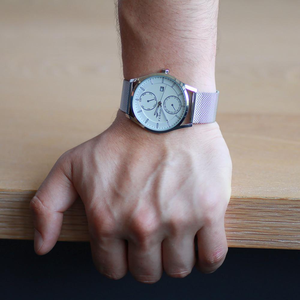 Ferro TH-F81840CWT Takvimli 44 mm Çelik Kordon Analog Erkek Kol Saati