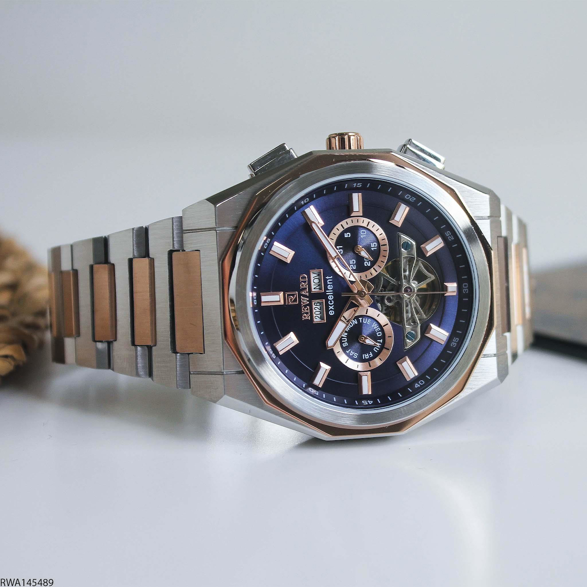 Reward RWA145489 Takvimli 46 mm Gri-Rose Gold Çelik Kordon Analog Erkek Kol Saati