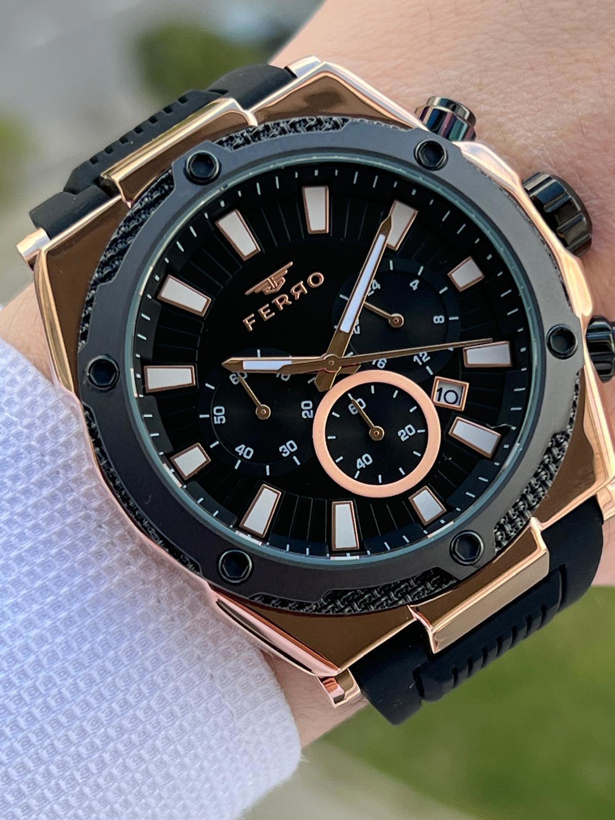 Ferro EFM.31348-G Su Geçirmez Takvimli 44 mm Siyah Silikon Kordon Analog Erkek Kol Saati