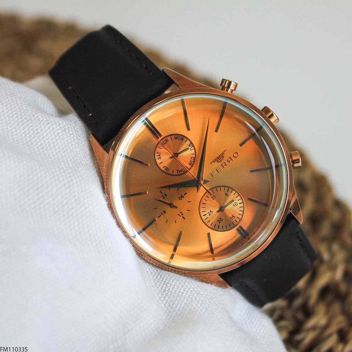 Ferro FM11033S Takvimli 42 mm Siyah Deri Kordon Analog Erkek Kol Saati