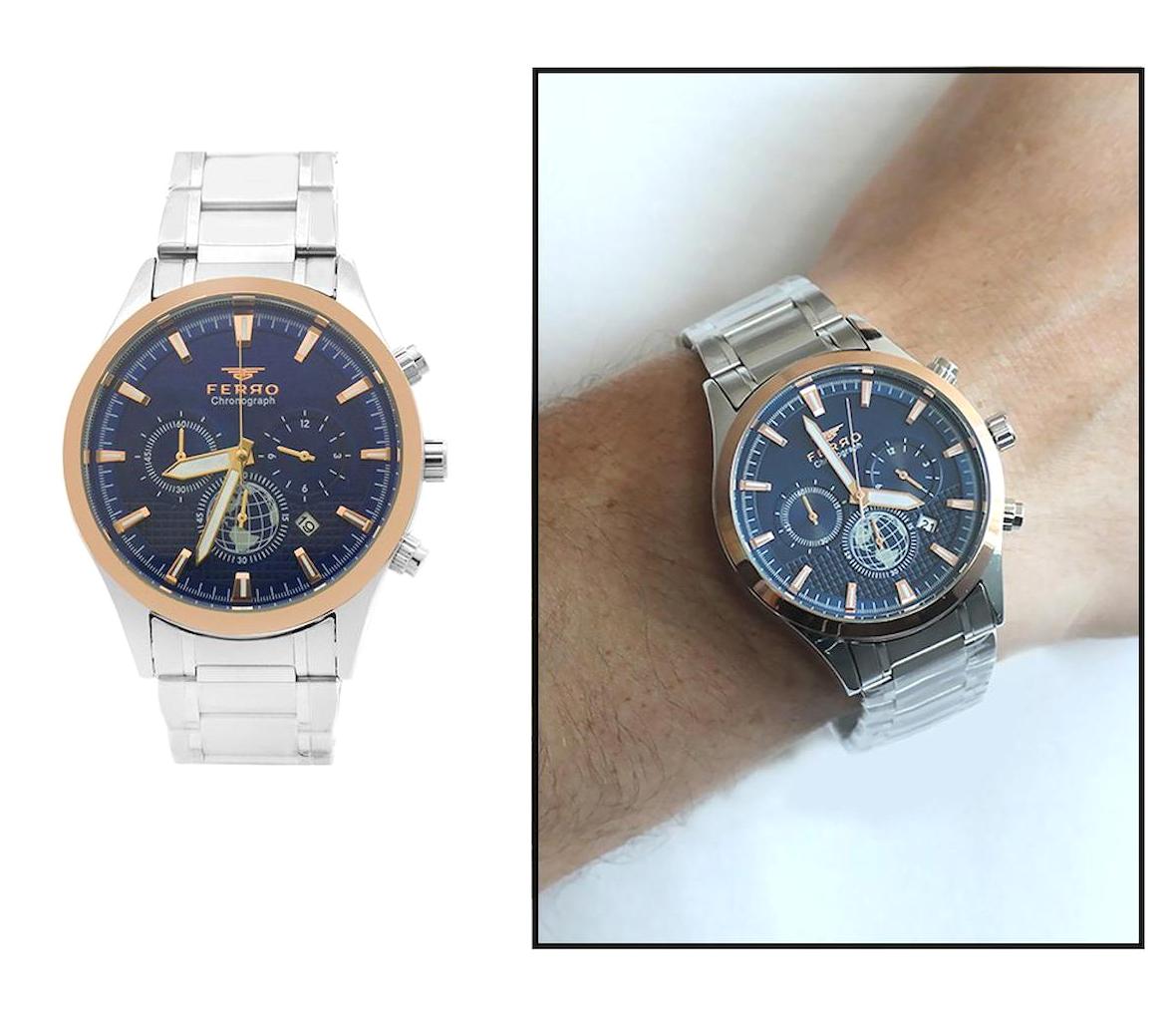 Ferro TH-FM31215A-E3 Takvimli 44 mm Çelik Kordon Analog Erkek Kol Saati