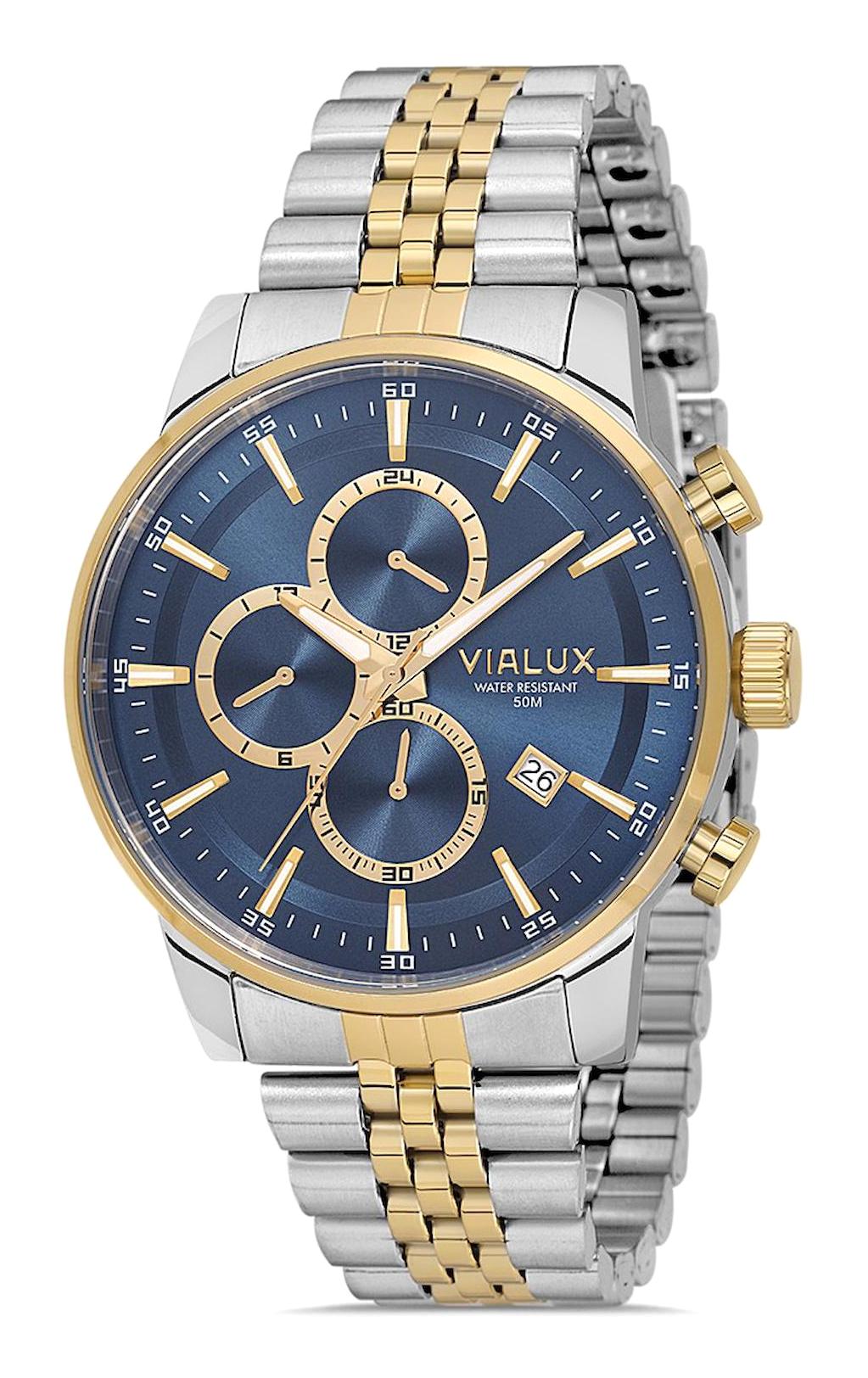 Vialux VX513T-11SG Takvimli 44 mm Altın-Çelik Kordon Analog Erkek Kol Saati