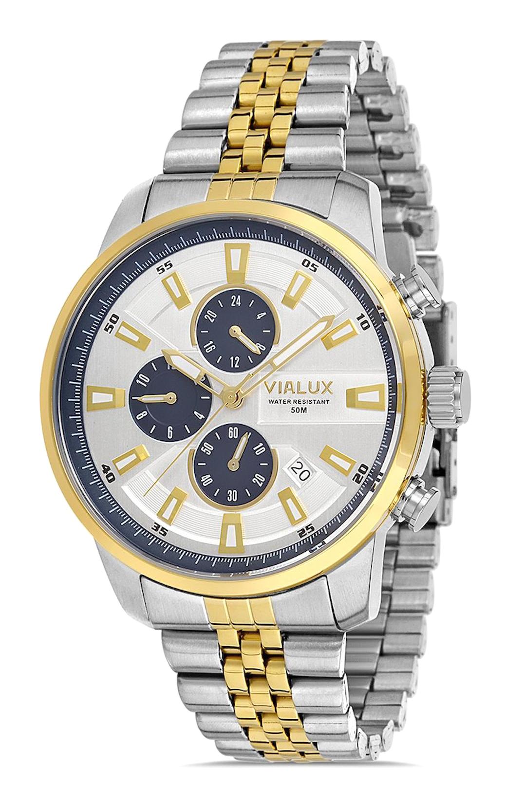 Vialux VX564T-02SG Takvimli 45 mm Altın Çelik Kordon Analog Erkek Kol Saati