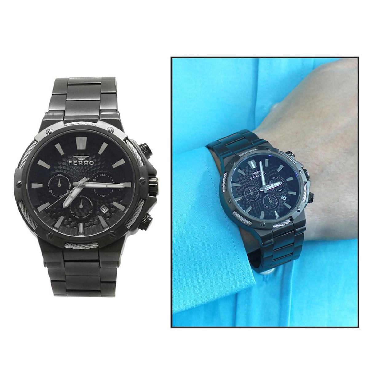 Ferro TH-FM31168A-V5 Pusulalı Takvimli 44 mm Siyah Çelik Kordon Analog Erkek Kol Saati