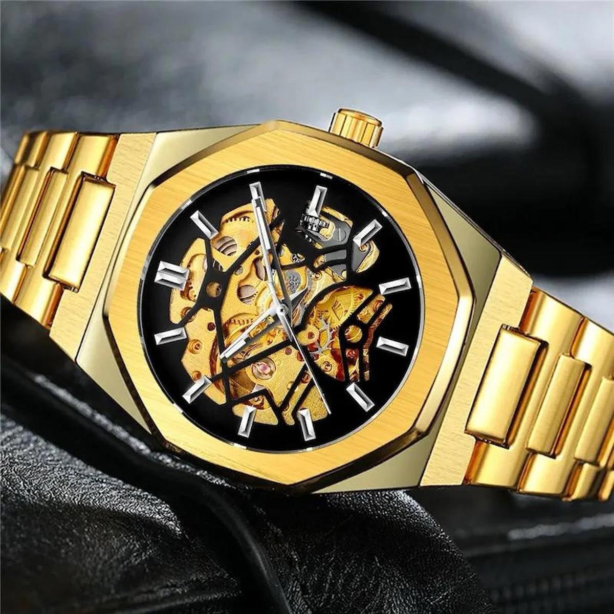 Forsining FRSNG02 45 mm Altın Çelik Kordon Analog Erkek Kol Saati