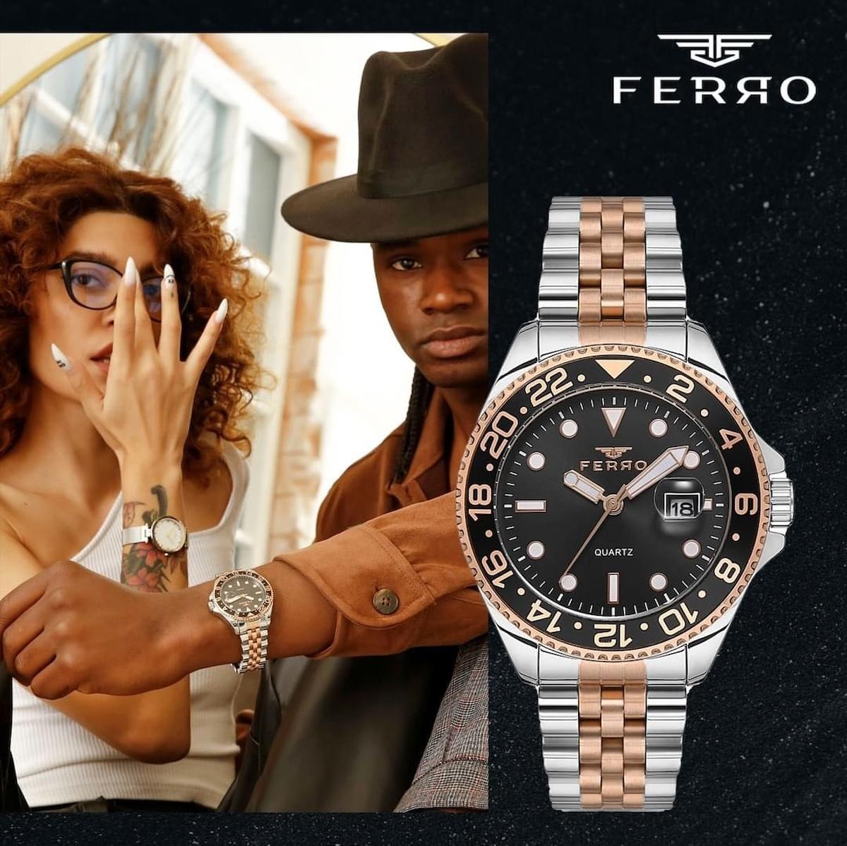 Ferro F11196A-E2 Takvimli Gri-Rose Gold Metal Kordon Analog Erkek Kol Saati