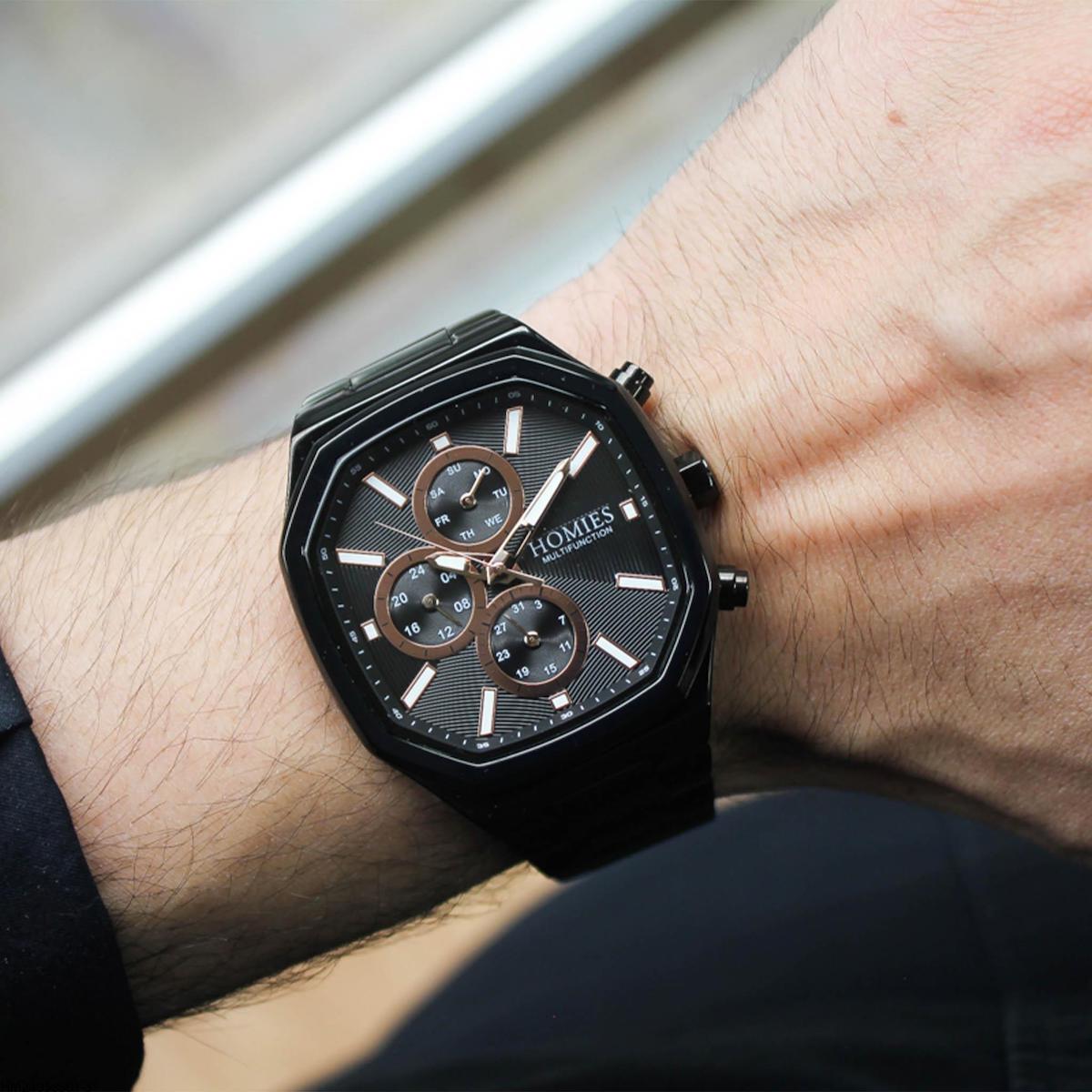 Homies HM24056S01-3 Pusulalı Takvimli Siyah Çelik Kordon Analog Erkek Kol Saati