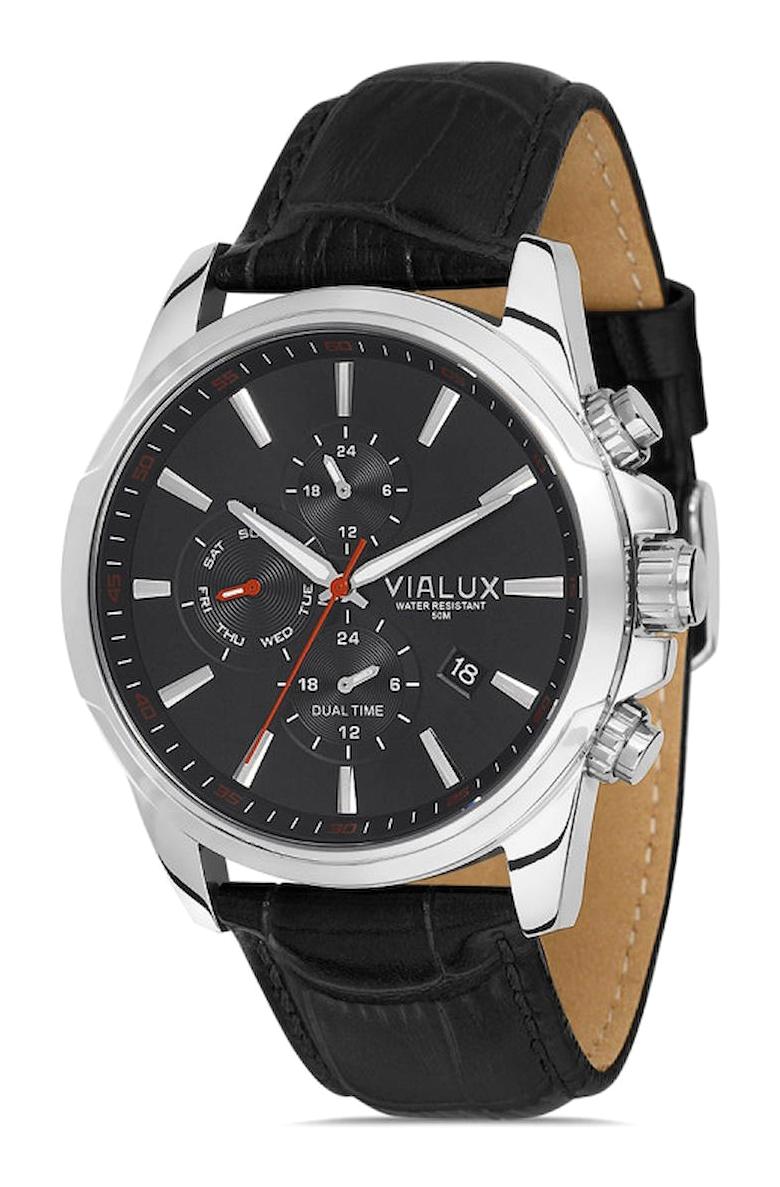Vialux VX572S-04BS Takvimli 45 mm Siyah Deri Kordon Analog Erkek Kol Saati