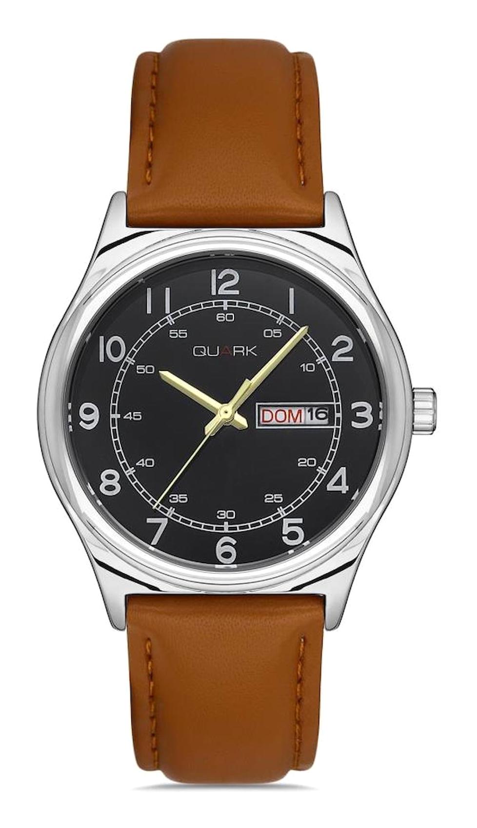 Quark QM-V006L-1B3 Takvimli 38 mm Kahverengi Deri Kordon Analog Erkek Kol Saati