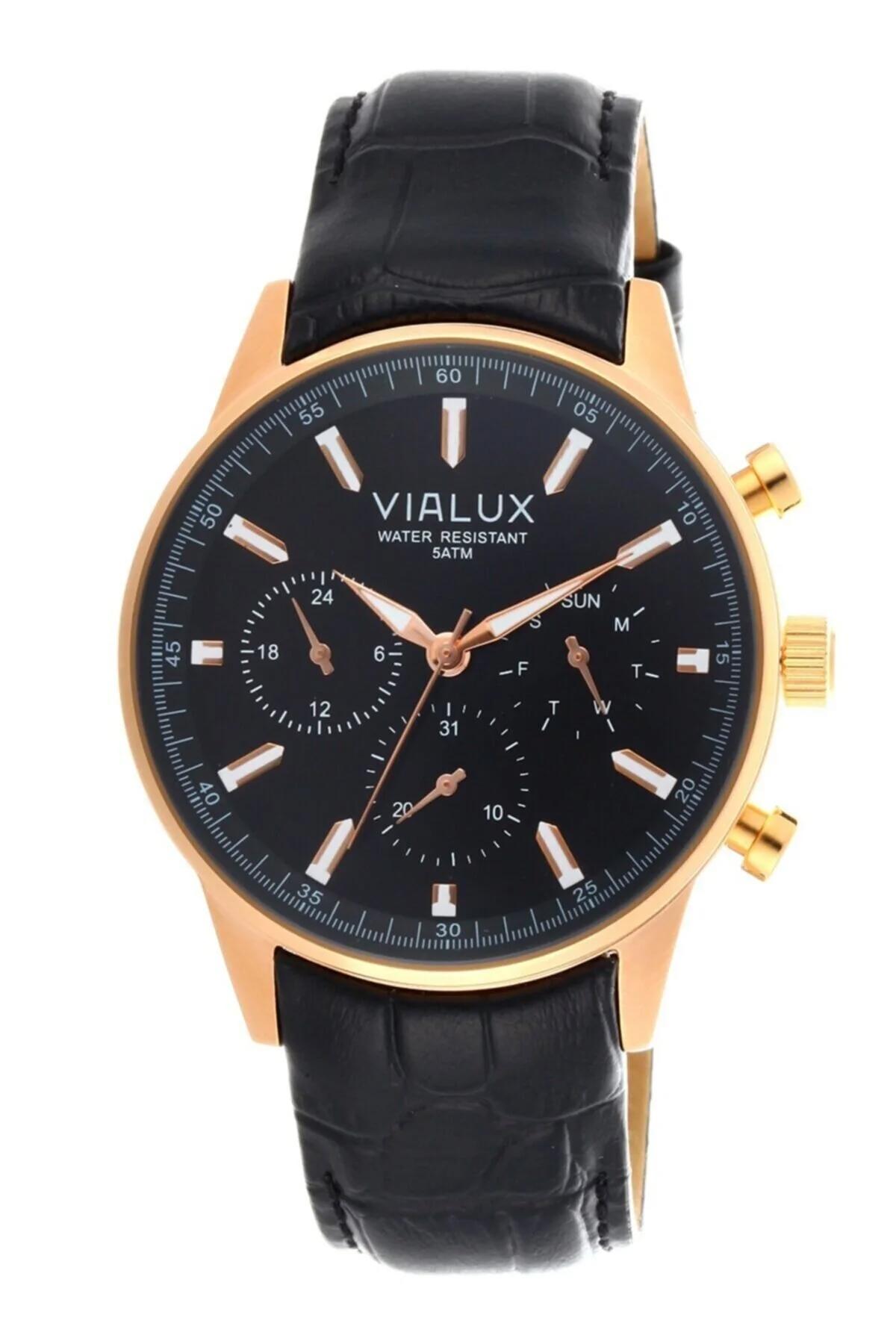 Vialux VX505-L02 Takvimli 43 mm Siyah Deri Kordon Analog Kol Saati