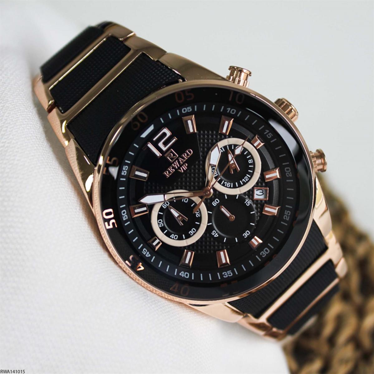 Reward RWA141015 Takvimli 45 mm Rose Gold-Siyah Metal Kordon Analog Erkek Kol Saati
