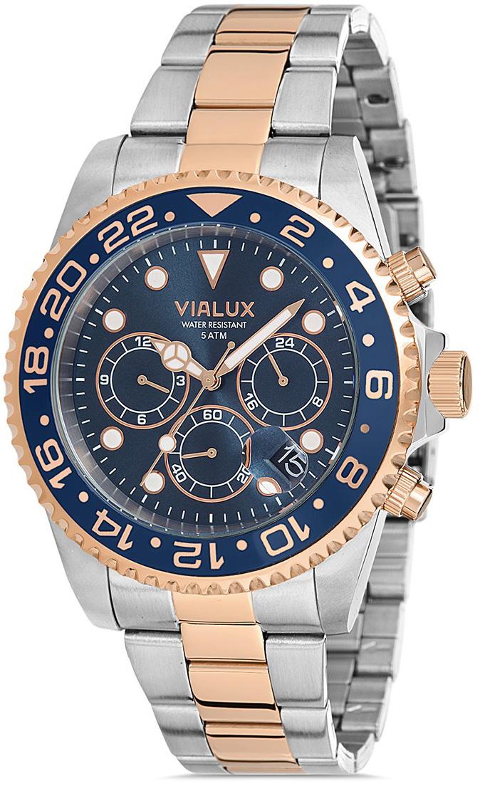 Vialux VX570T-11SR Takvimli 44 mm Gri-Rose Gold Çelik Kordon Analog Kol Saati