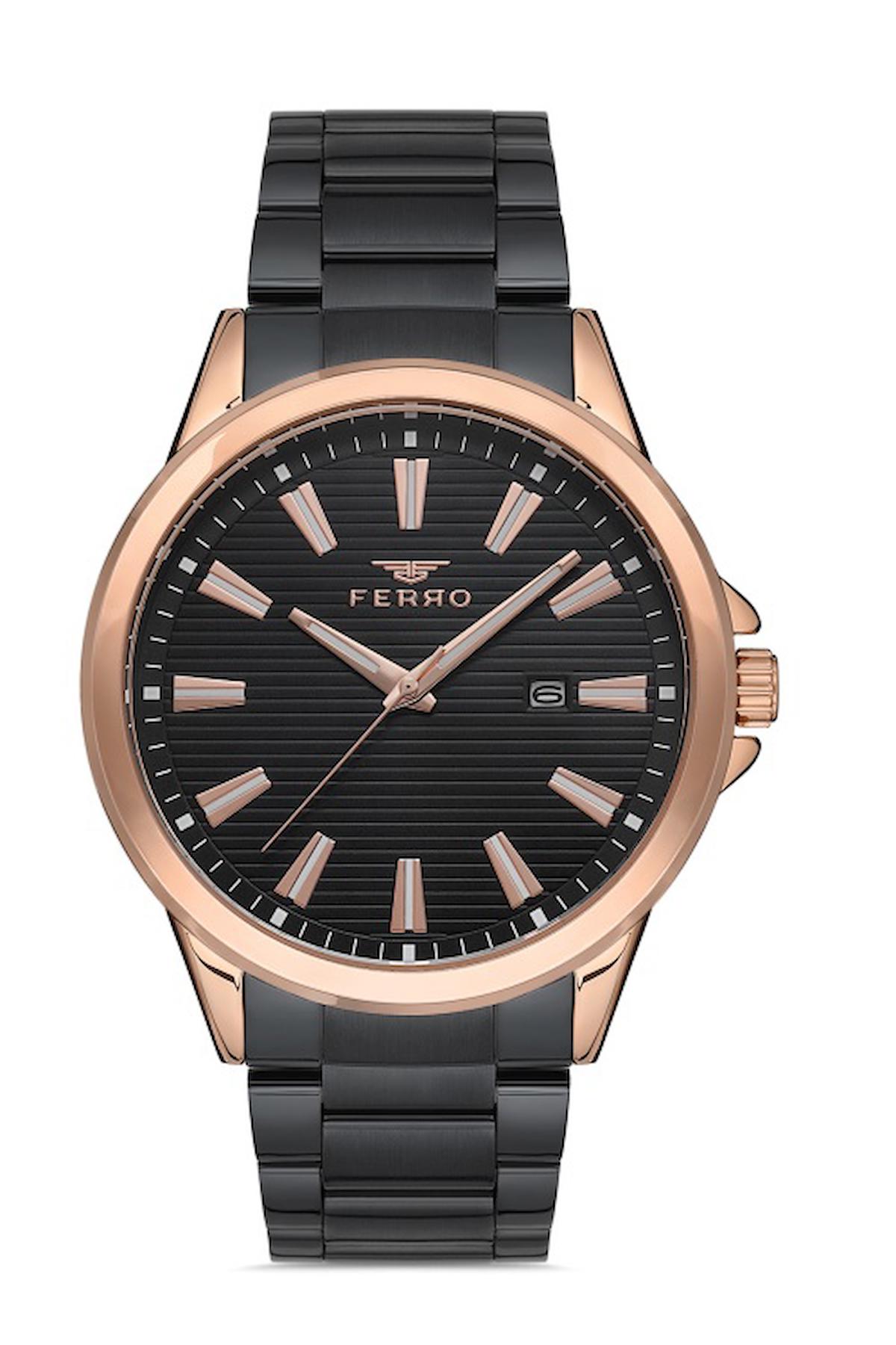 Ferro F11930A-R Takvimli 44 mm Siyah Metal Kordon Analog Erkek Kol Saati