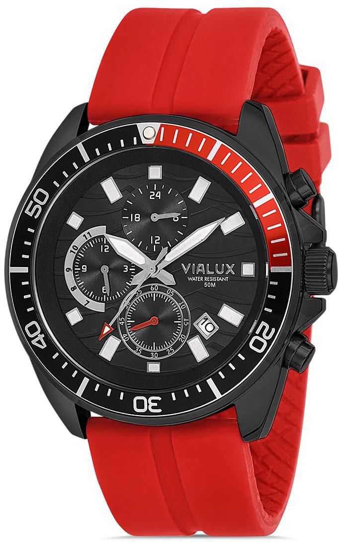 Vialux VX557B-04KB Takvimli 45 mm Kırmızı Silikon Kordon Analog Kol Saati