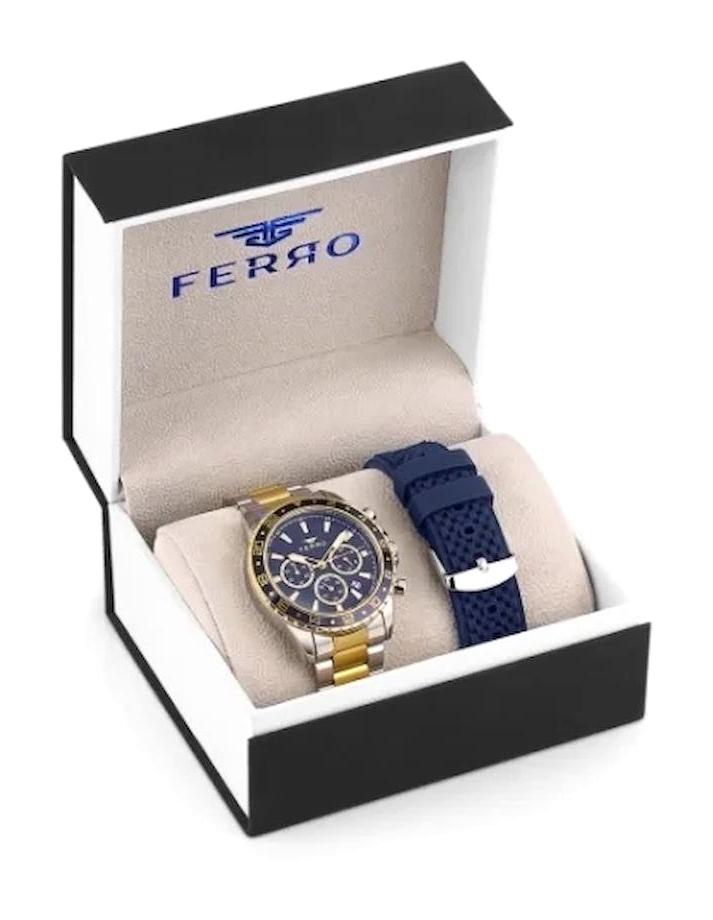 Ferro TH-FM31927DA-D3 Takvimli 42 mm Altın Çelik - Silikon Kordon Analog Erkek Kol Saati