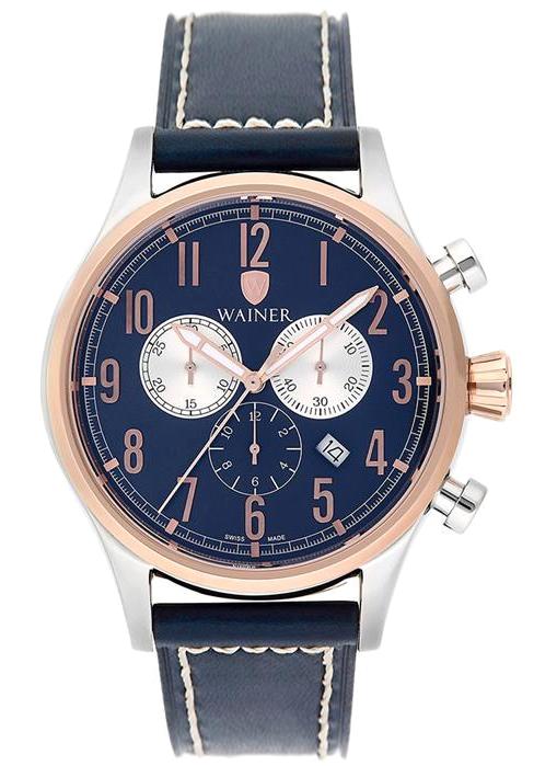 Wainer WA.10666-D Pusulalı Takvimli 45 mm Lacivert Deri Kordon Analog Erkek Kol Saati