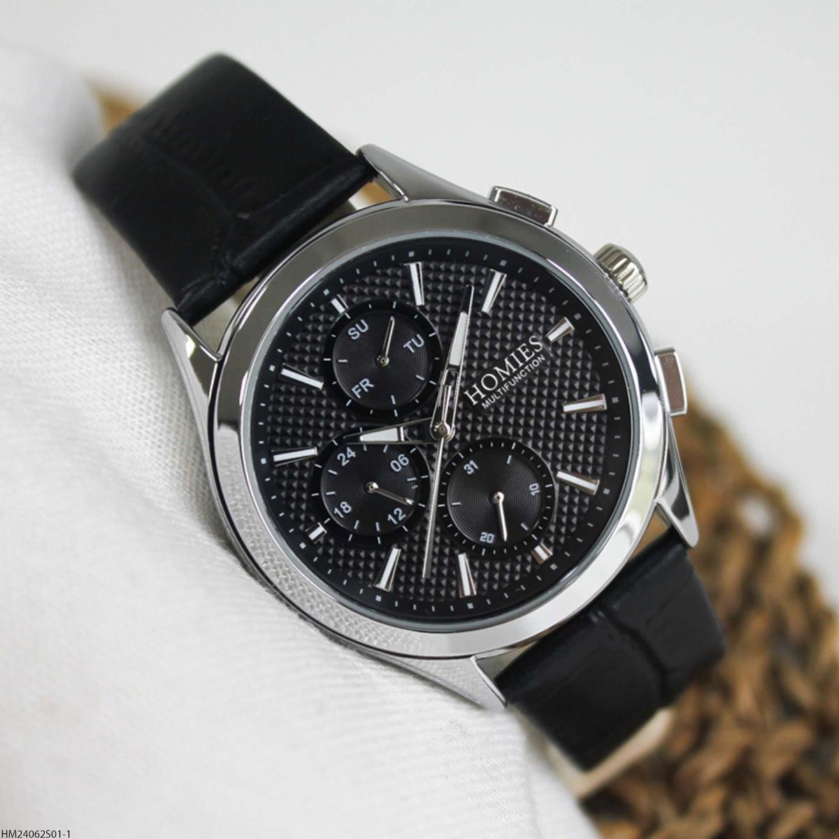 Homies HM24062S01-1 Pusulalı Takvimli 44 mm Siyah Deri Kordon Analog Erkek Kol Saati