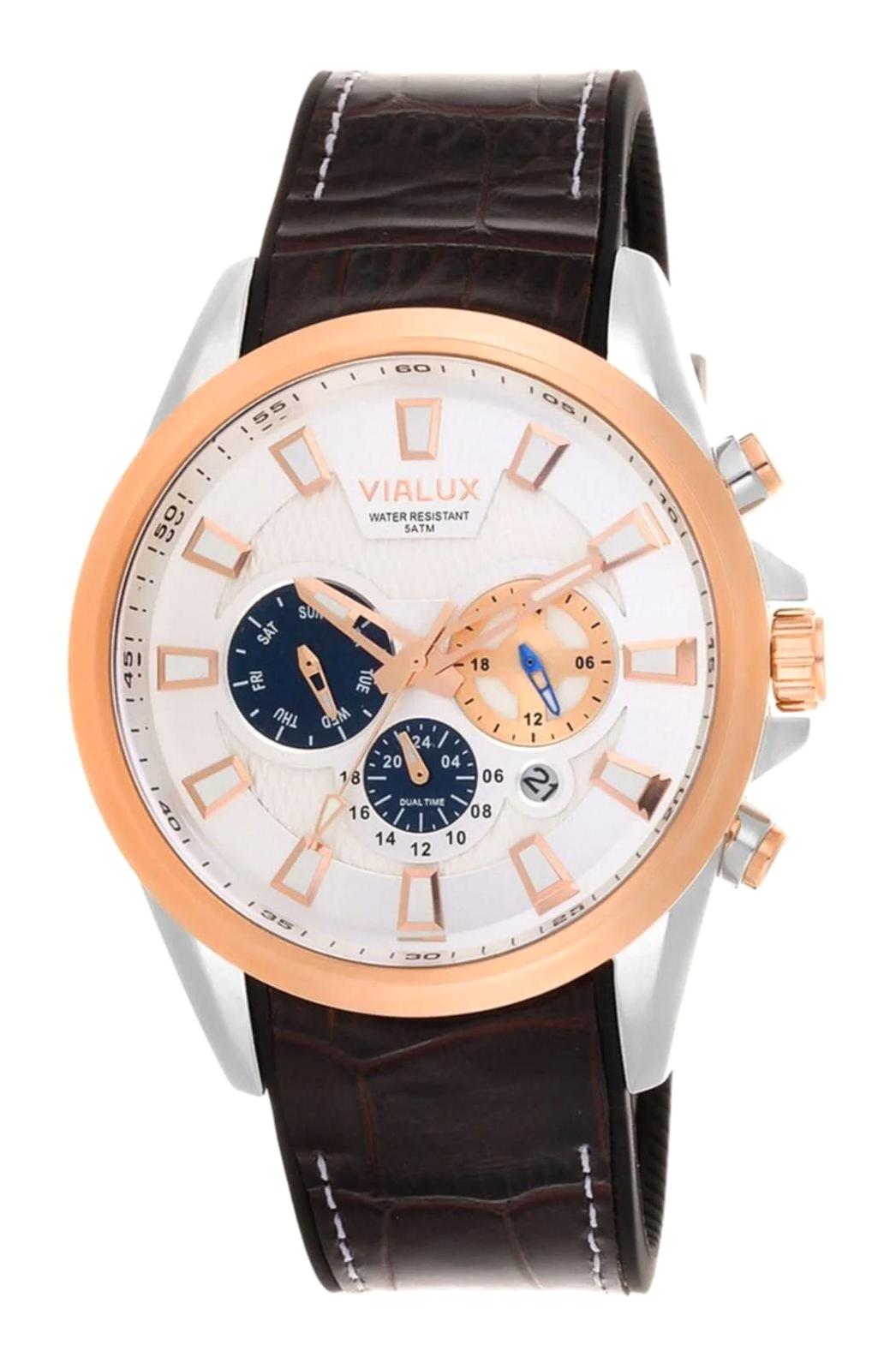 Vialux VX580T-02KR Takvimli 46 mm Kahverengi Deri Kordon Analog Erkek Kol Saati