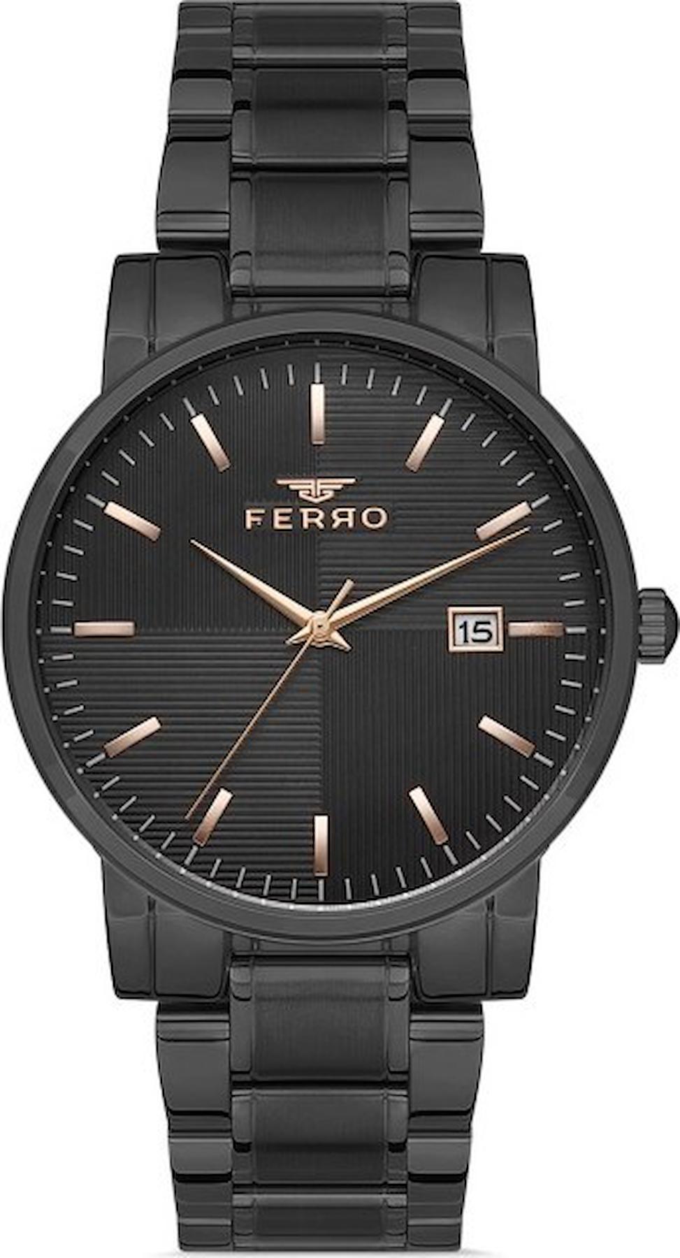 Ferro F11154A-G Takvimli Siyah Çelik Kordon Analog Erkek Kol Saati