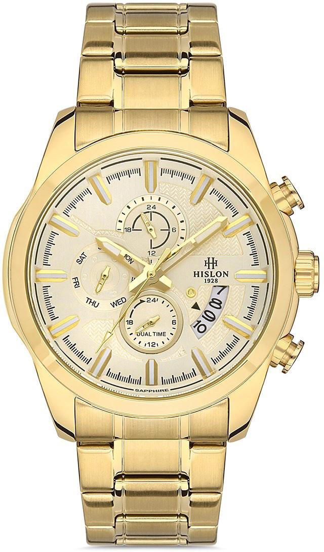 Hislon DT130G-08SG Pusulalı Takvimli 44 mm Altın Çelik Kordon Analog Kol Saati