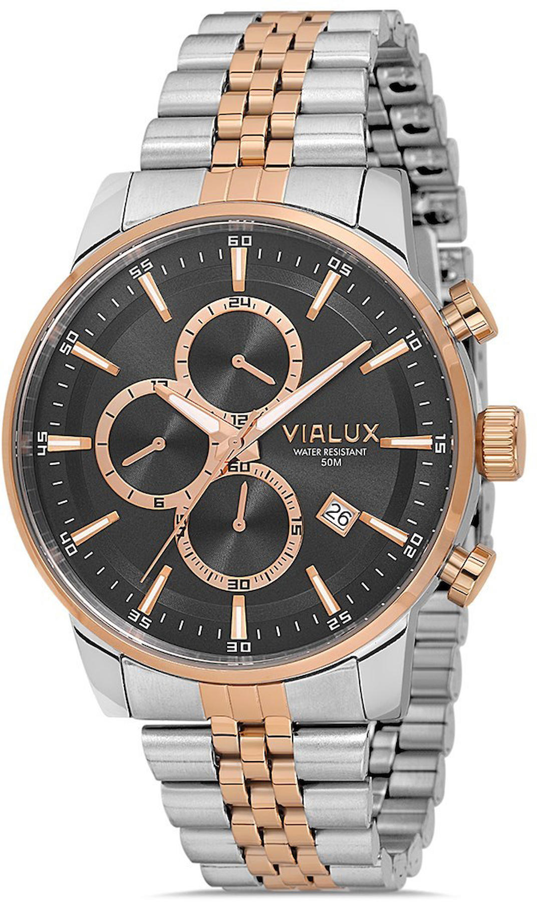 Vialux VX513T-04SR Takvimli 44 mm Rose Gold Çelik Kordon Analog Kol Saati