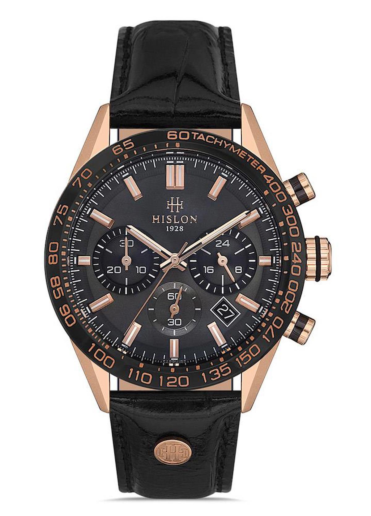 Hislon MS107T-04BR Pusulalı Takvimli 44 mm Siyah Deri Kordon Analog Erkek Kol Saati
