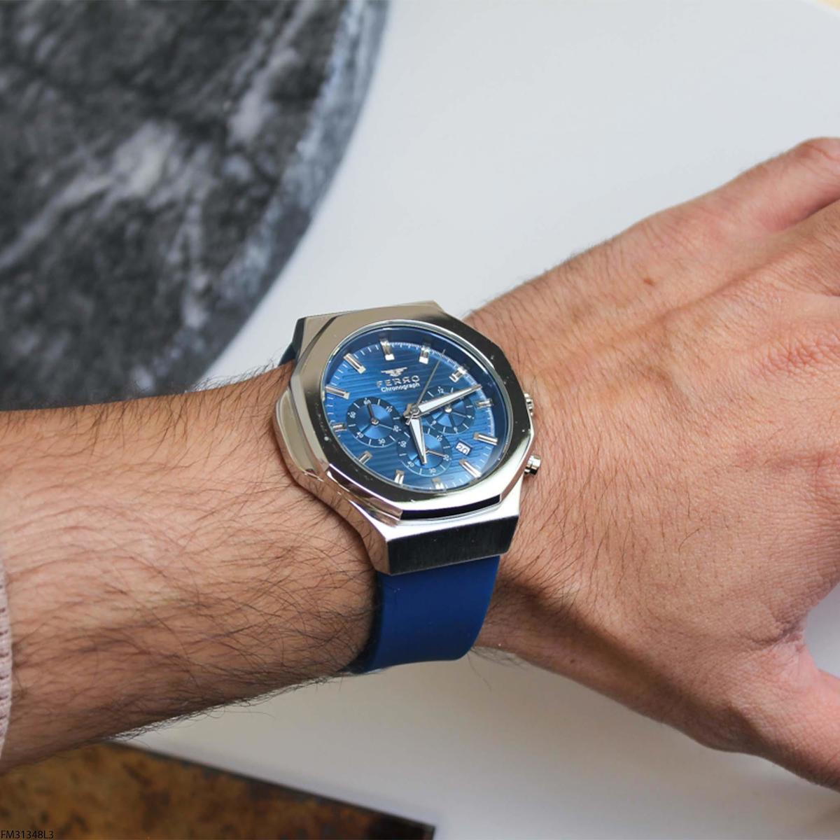 Ferro FM31348L3 Takvimli 47 mm Lacivert Silikon Kordon Analog Erkek Kol Saati