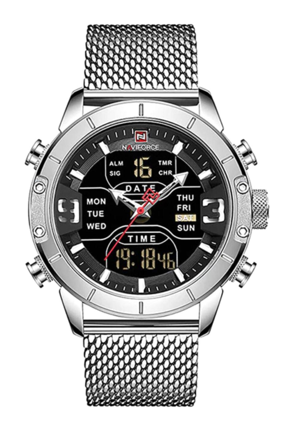 Naviforce NF9153 Takvimli 45 mm Çelik Kordon Dijital Erkek Kol Saati