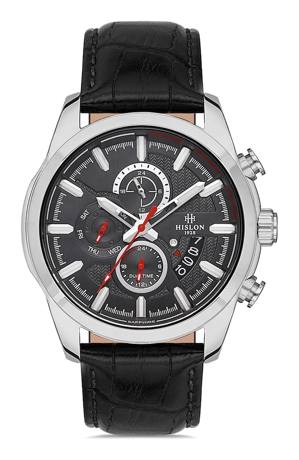 Hislon DT130B-04BS Pusulalı Takvimli 44 mm Siyah Deri Kordon Analog Erkek Kol Saati