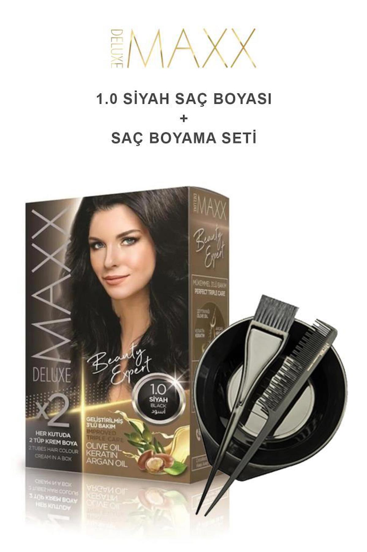 Maxx Deluxe 1.0 Siyah Krem Saç Boyası 50 ml +Boyama Seti Hediyeli