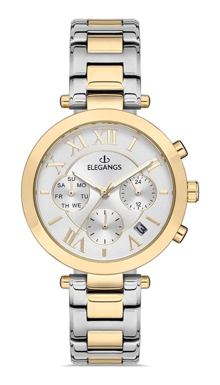 Elegangs EL2448.7 Takvimli 36 mm Altın-Gri Çelik Kordon Analog Kadın Kol Saati