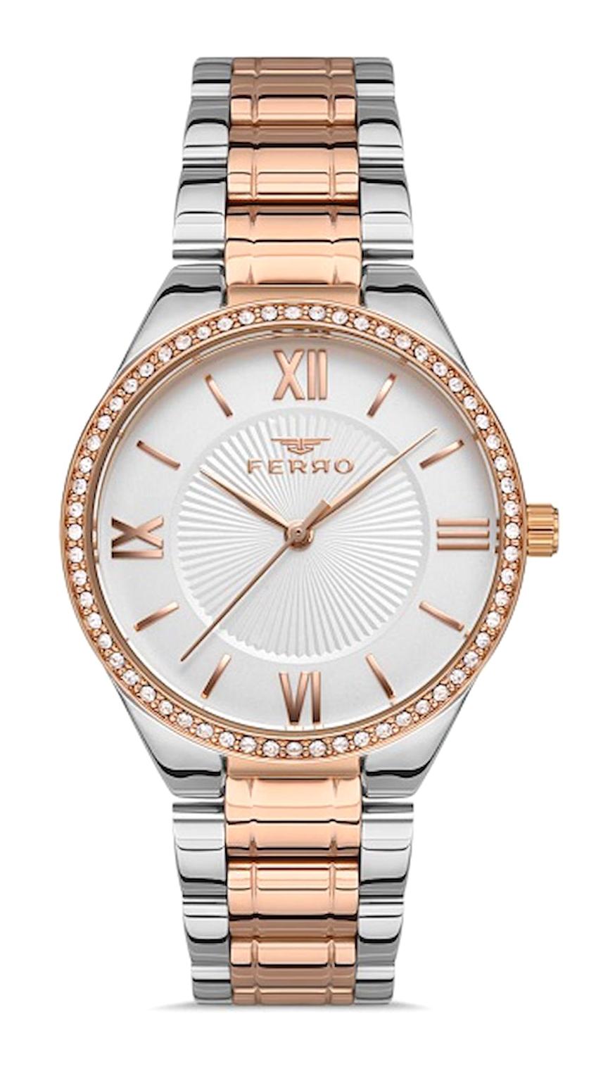 Ferro FL21262A-E 34 mm Gri-Rose Gold Metal Kordon Analog Kadın Kol Saati
