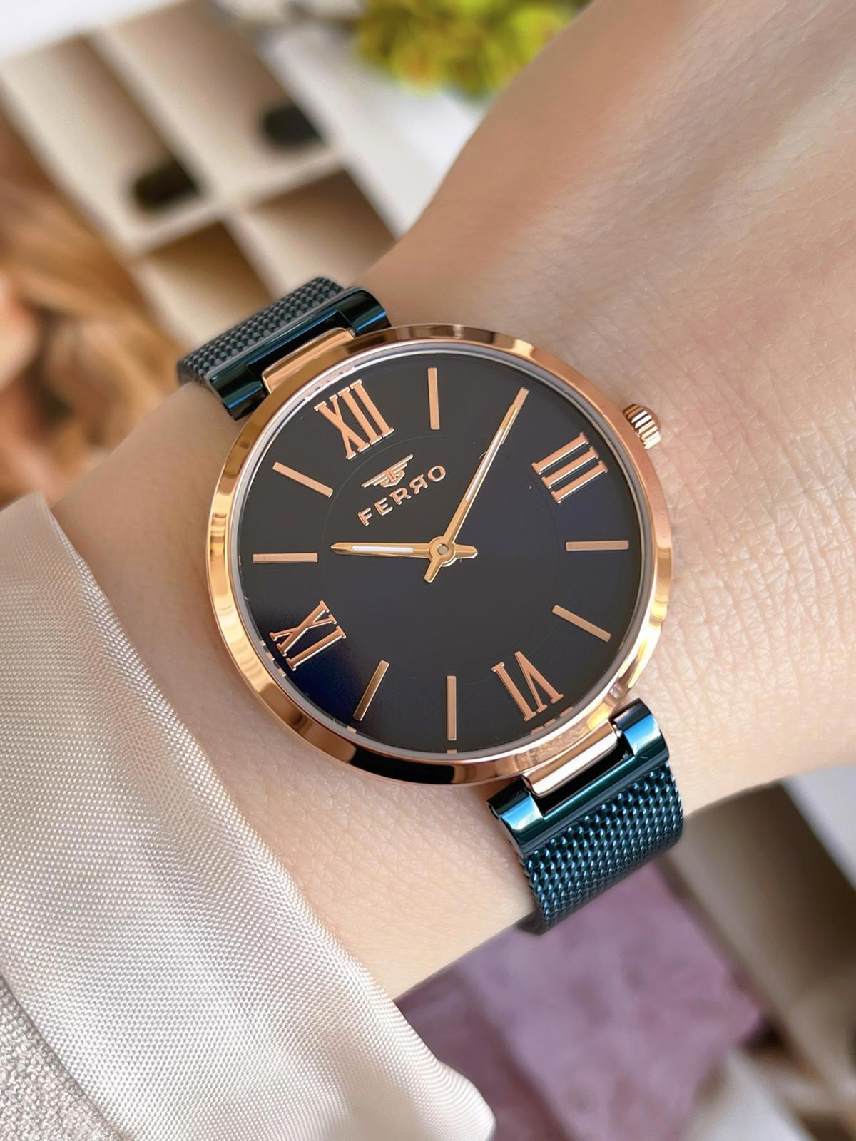Ferro 21155-T 36 mm Lacivert Hasır Kordon Analog Kadın Kol Saati