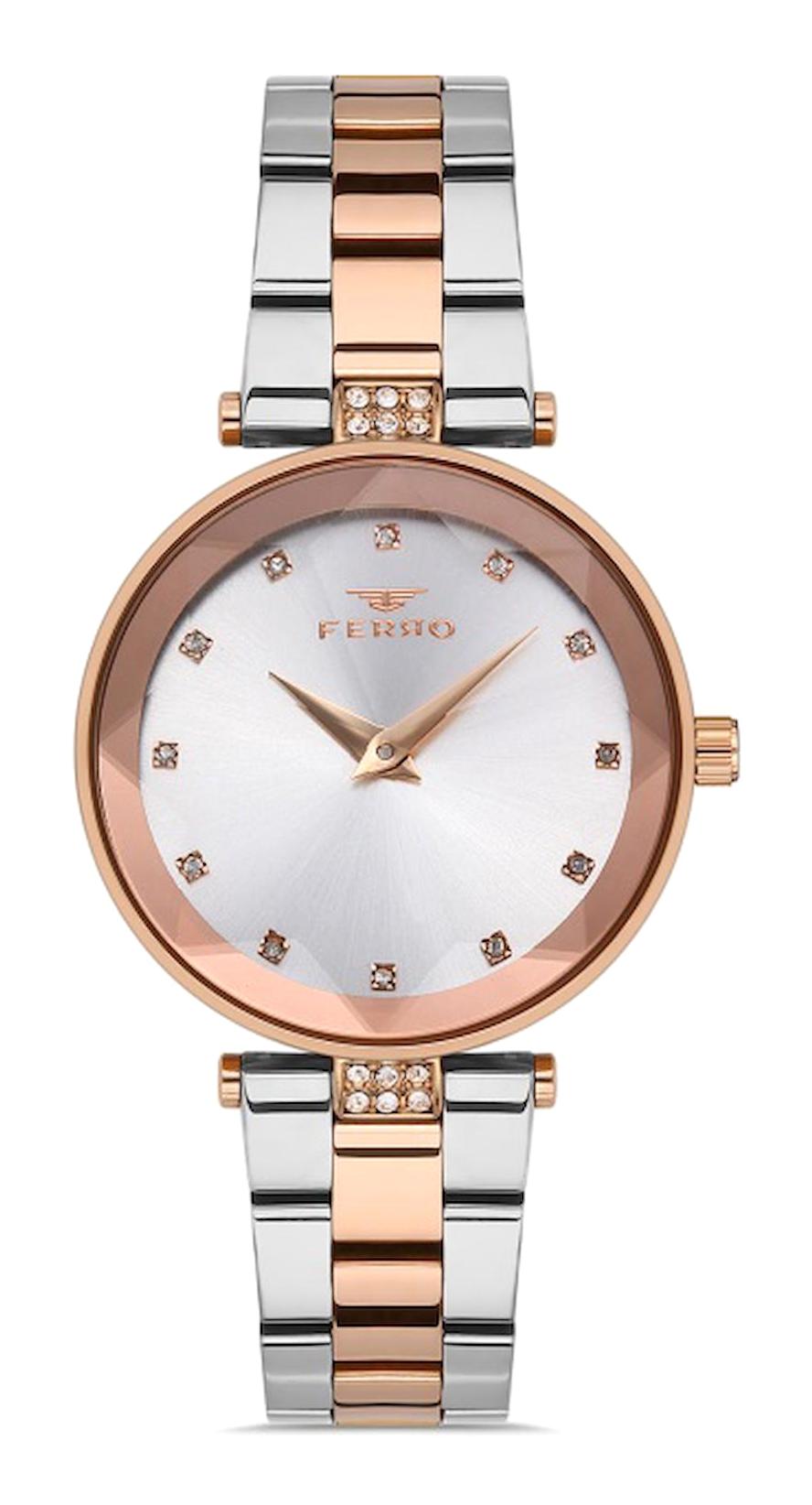Ferro FL21297A-E 34 mm Gri-Rose Gold Metal Kordon Analog Kadın Kol Saati
