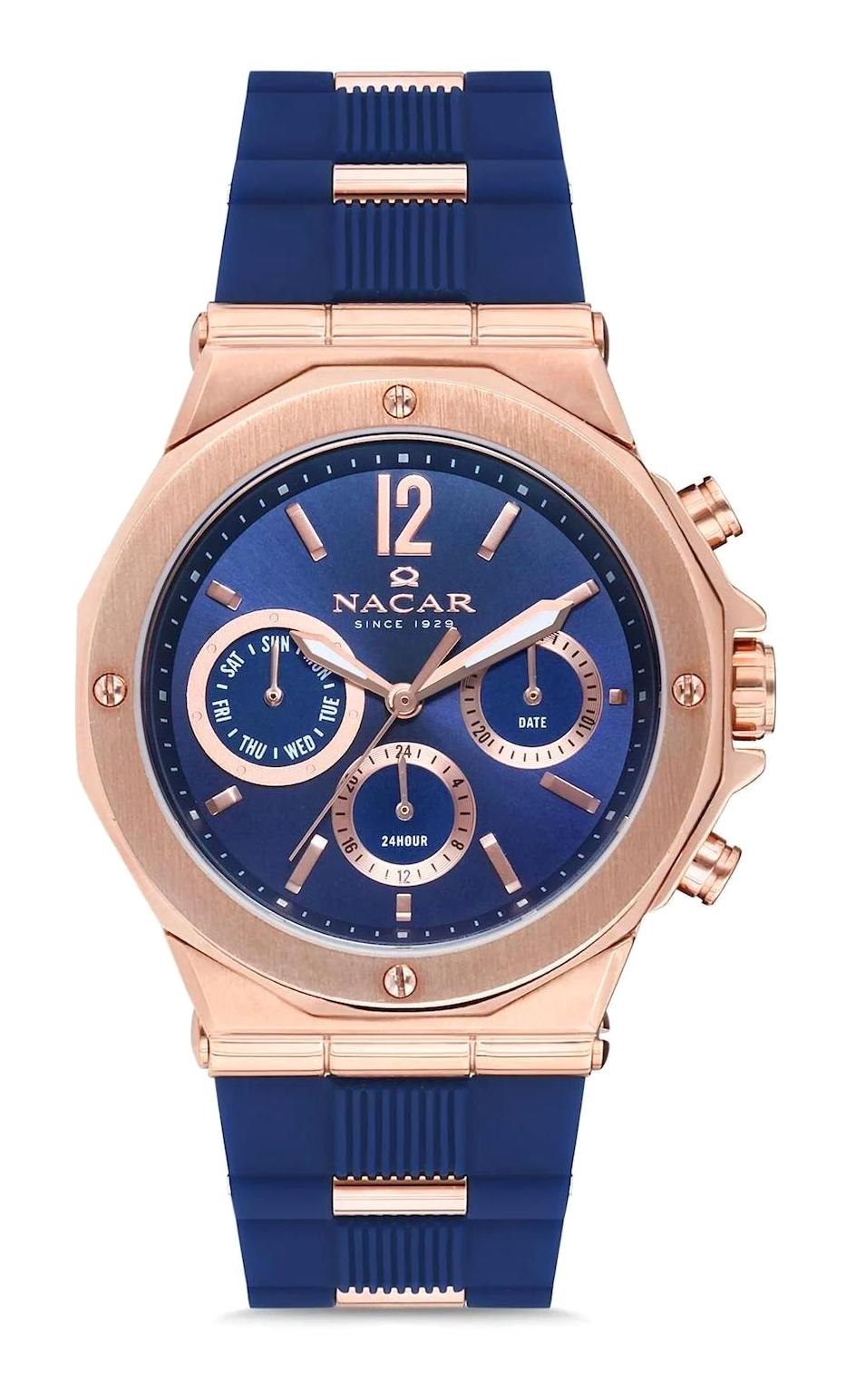 Nacar NC08-39430145-RLS3 Takvimli 37 mm Mavi-Rose Gold Silikon Kordon Analog Kadın Kol Saati