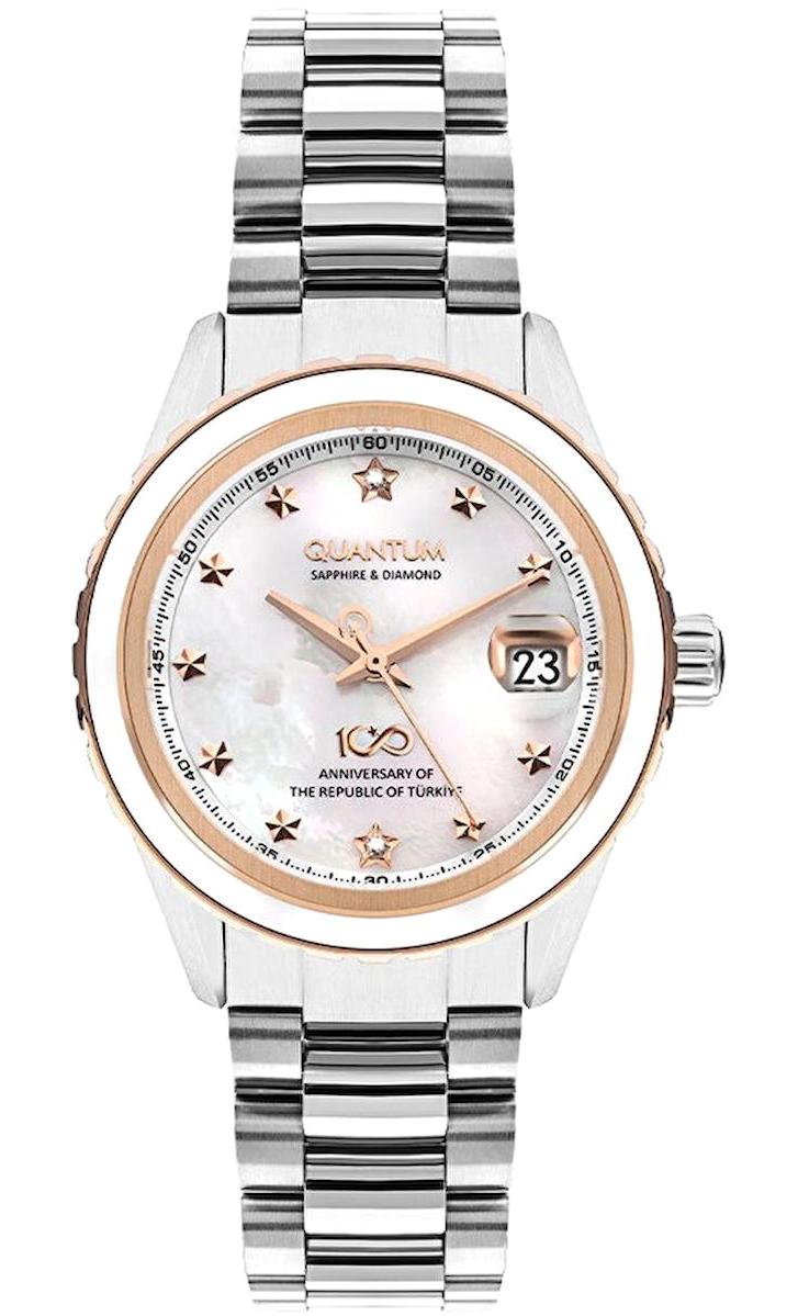 Quantum LTC1023 Takvimli 35 mm Gri Çelik Kordon Analog Kadın Kol Saati