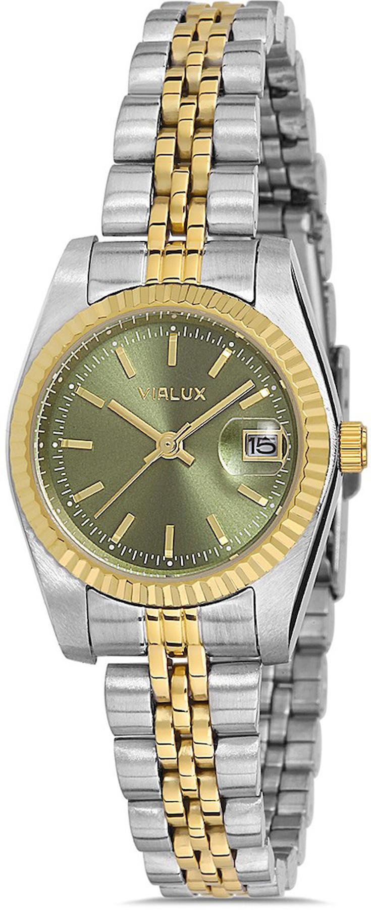Vialux LJ526T-15SG Takvimli 26 mm Altın-Gri Çelik Kordon Analog Kadın Kol Saati