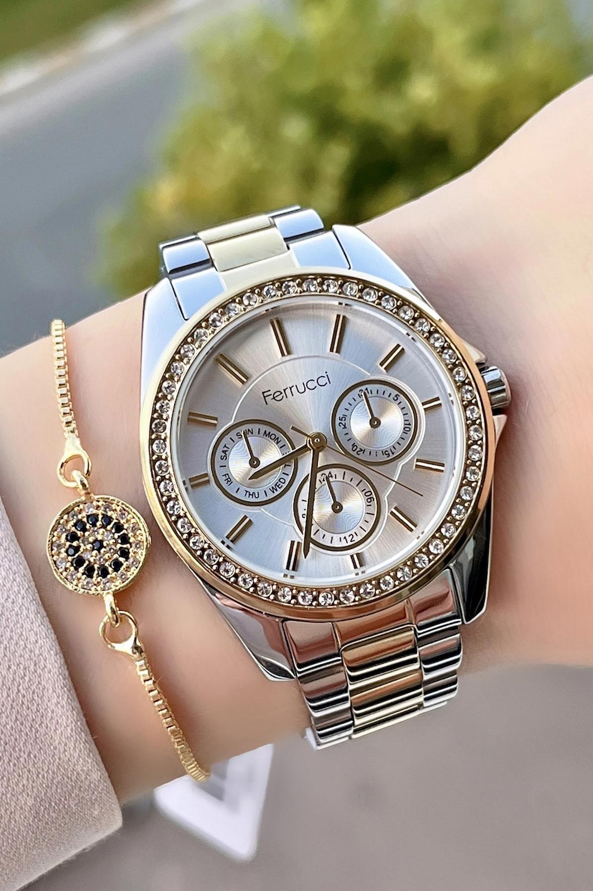 Ferrucci FCISTE12 Takvimli 35 mm Altın-Gri Çelik Kordon Analog Kadın Kol Saati