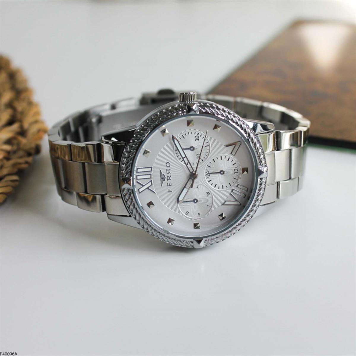 Ferro F40096A Takvimli 36 mm Gri Metal Kordon Analog Kadın Kol Saati