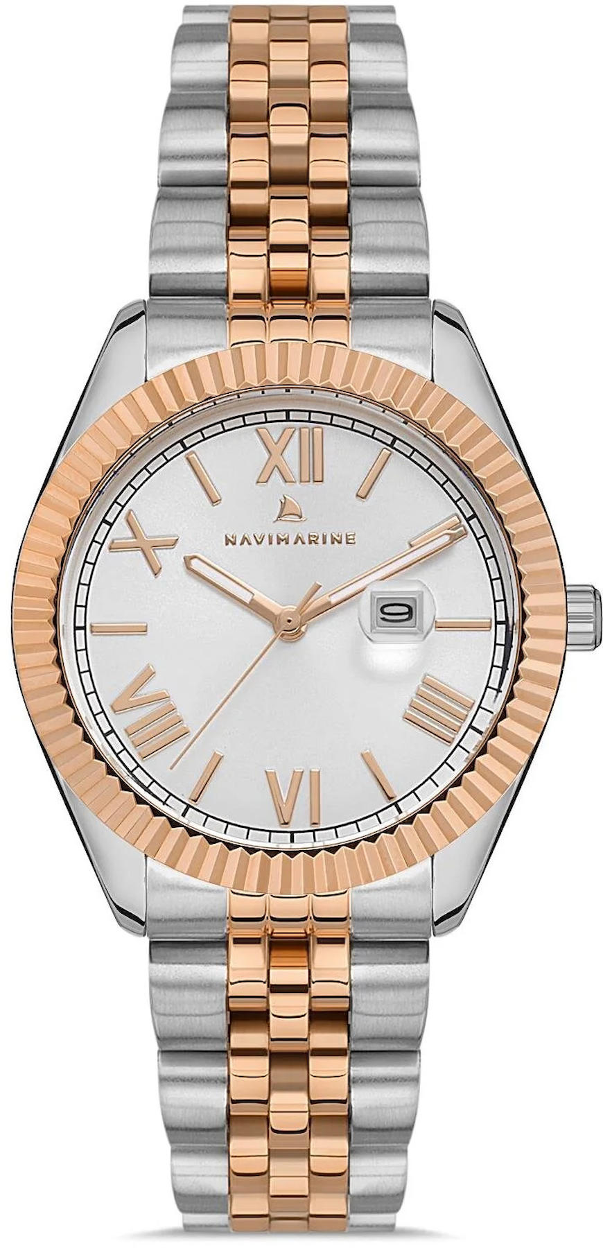 Navimarine NVM56-E1 Takvimli 36 mm Gri-Rose Gold Çelik Kordon Analog Kadın Kol Saati