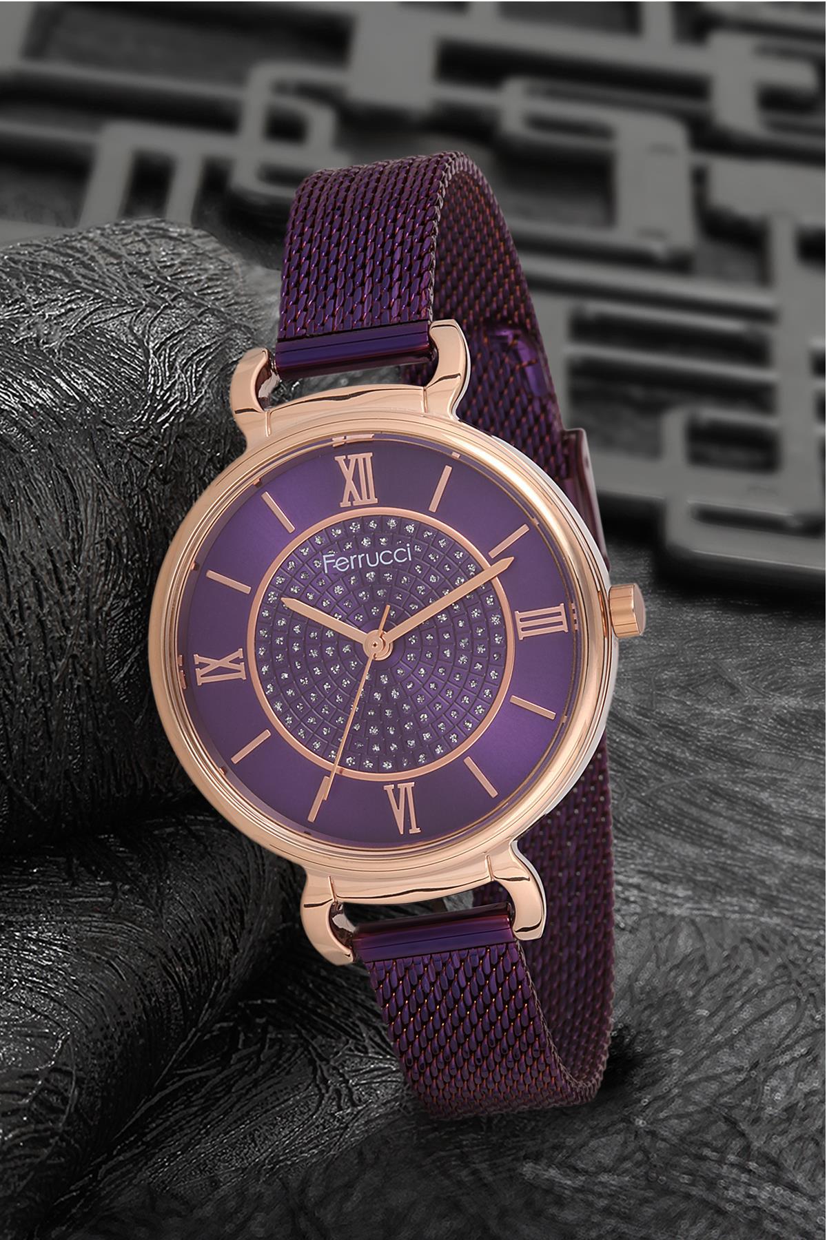 Ferrucci 9FM2034 38 mm Mor Çelik-Hasır Kordon Analog Kadın Kol Saati