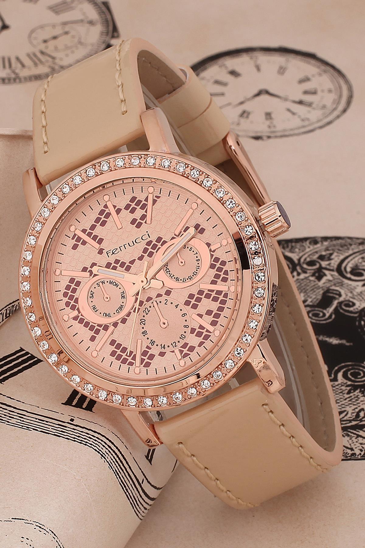 Ferrucci FRK186 36 mm Bej Deri Kordon Analog Kadın Kol Saati