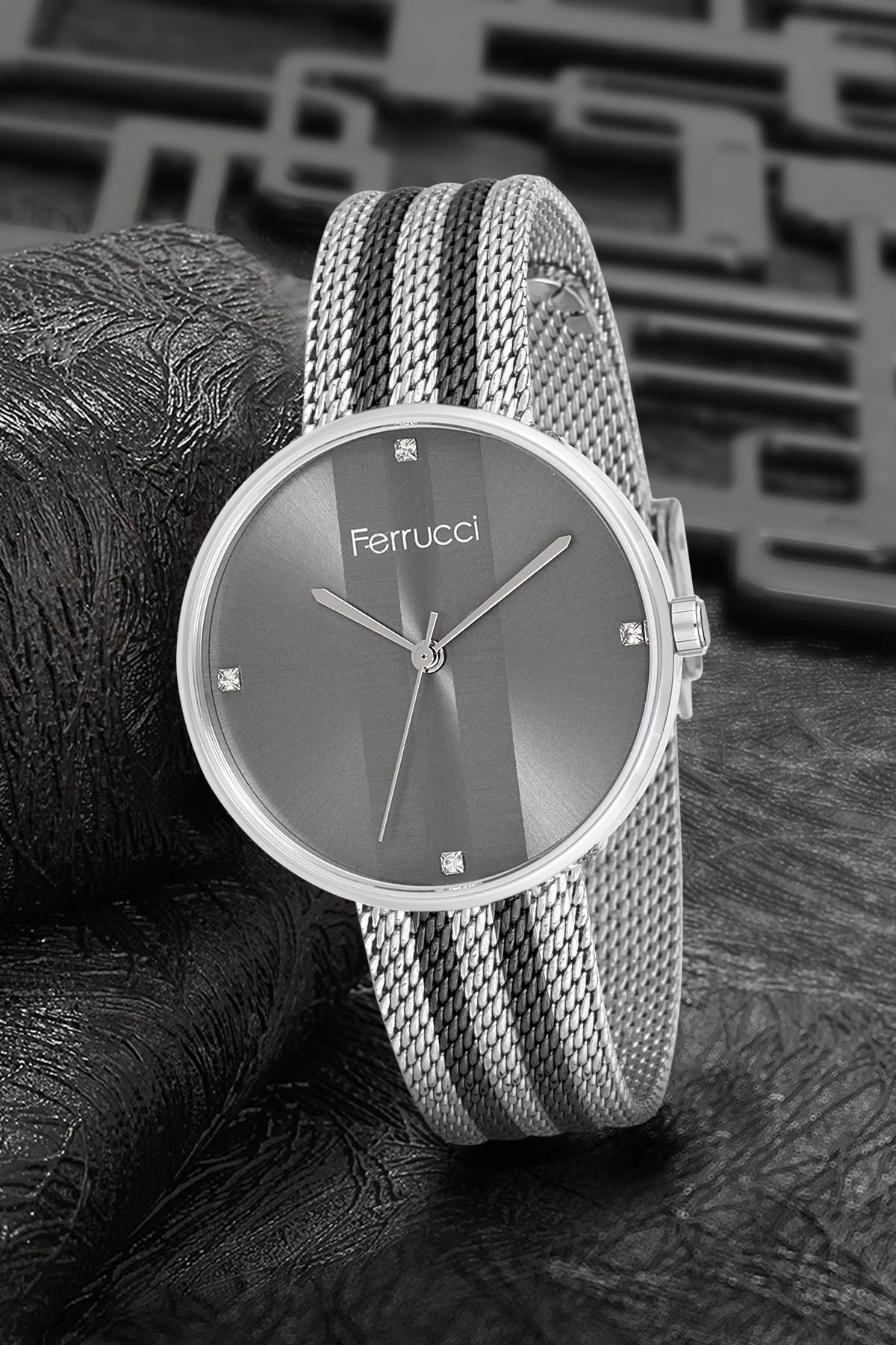 Ferrucci 9FM2521 36 mm Gri-Siyah Metal Kordon Analog Kadın Kol Saati