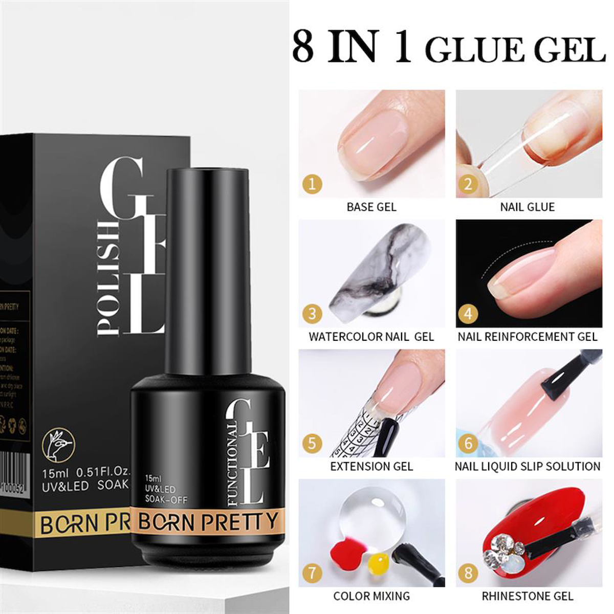 Born Pretty 8 IN 1 Şeffaf Parlak Kalıcı Oje