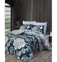 Komfort Home Deluxe Crista Saten 160x220 cm Çarşaflı Çiçek Tek Kişilik Nevresim Takımı Gri-Lacivert