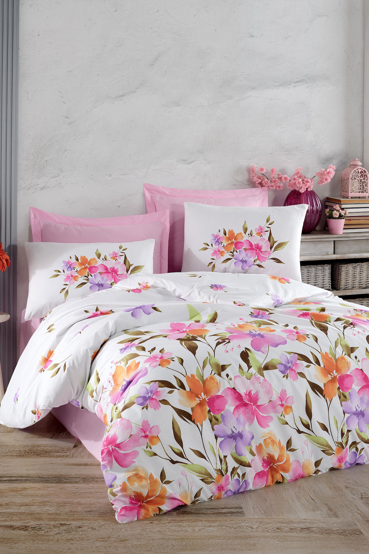Altınbaşak Cozy Candy Pamuk-Ranforce 160x220 cm Çarşaflı Çiçek Tek Kişilik Nevresim Takımı Pembe