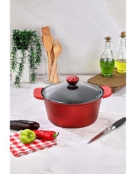 Cooker Kristal Serisi Cam Kapaklı Döküm-Granit 28 cm Derin Tencere Kırmızı