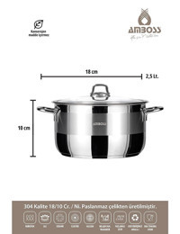 Amboss Saphire Cam Kapaklı Paslanmaz Çelik 18x10 cm Derin Tencere